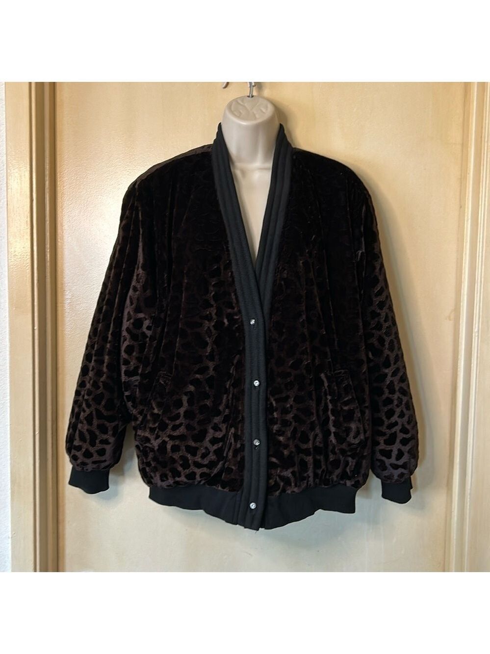 B.K. Black and brown animal print velour bomber jacket size XL